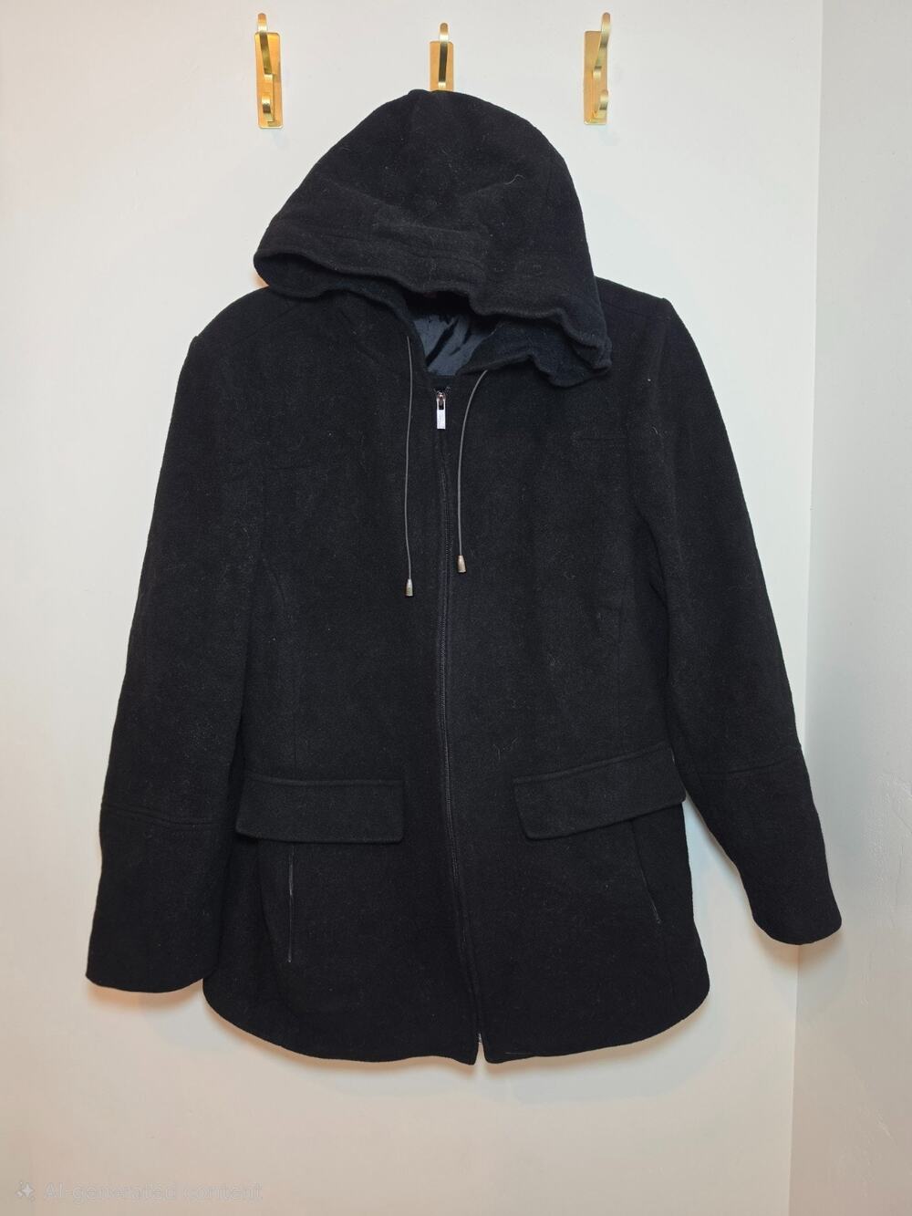 AK Anne Klein Hooded Wool Coat Large Black Full Zip Pockets